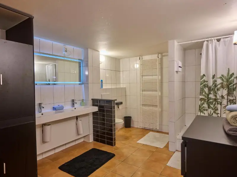 Badkamer met dubbele witte wastafel, spiegel met blauw licht, toilet en douchegordijn met palmbomen.