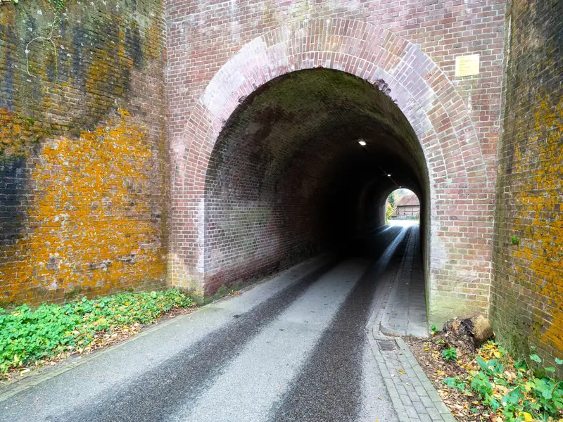 Een smalle weg loopt door een bakstenen boogtunnel naar een vakwerkgebouw.